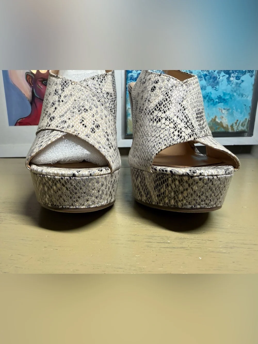 Snake-Print Platform Slingback Heels - Cream/Black
